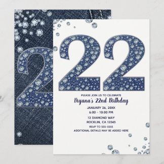Denim & Diamonds Bling Sparkle 22. Geburtstag Einladung