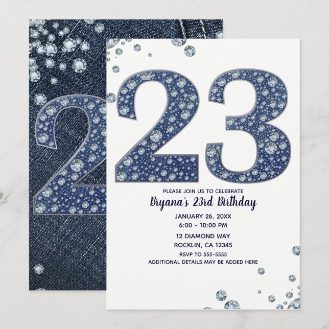 Denim & Diamonds Bling Sparkle 23 23. Geburtstag Einladung (Vorne/Hinten)