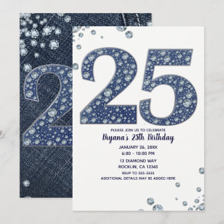 Denim & Diamonds Bling Sparkle 25 25. Geburtstag Einladung