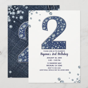 Denim & Diamonds Bling Sparkle 2ND Geburtstag 2 ZW Einladung