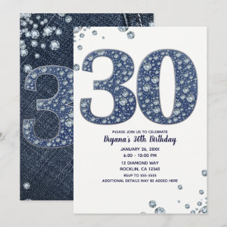 Denim & Diamonds Bling Sparkle 30. 30 Geburtstag Einladung