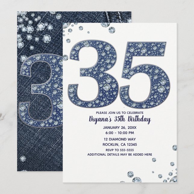 Denim & Diamonds Bling Sparkle 35. 35 Geburtstag Einladung (Vorne/Hinten)