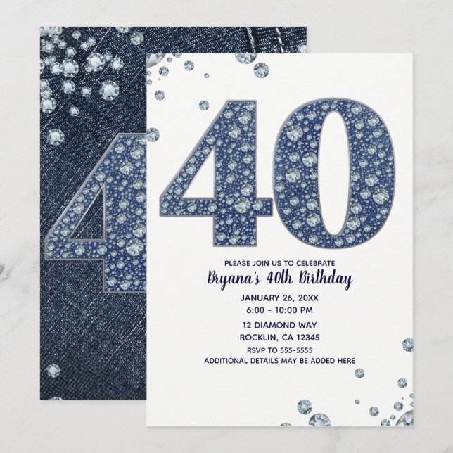 Denim & Diamonds Bling Sparkle 40. 40 Geburtstag Einladung (Vorne/Hinten)