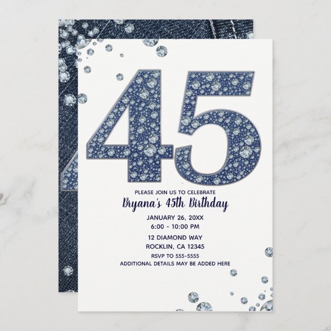 Denim & Diamonds Bling Sparkle 45. 45 Geburtstag Einladung (Vorne/Hinten)