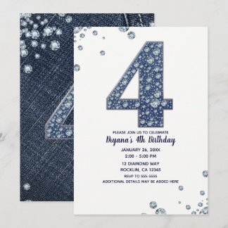 Denim & Diamonds Bling Sparkle 4. 4. Geburtstag Einladung