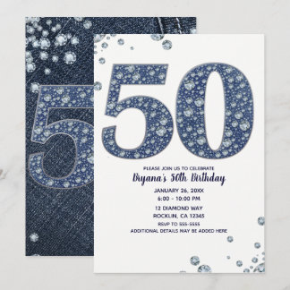 Denim & Diamonds Bling Sparkle 50. 50 Geburtstag Einladung
