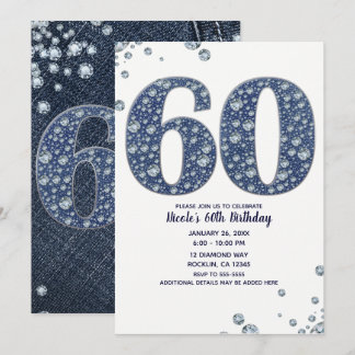 Denim & Diamonds Bling Sparkle 60. 60 Geburtstag Einladung