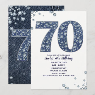 Denim & Diamonds Bling Sparkle 70. 70 Geburtstag Einladung