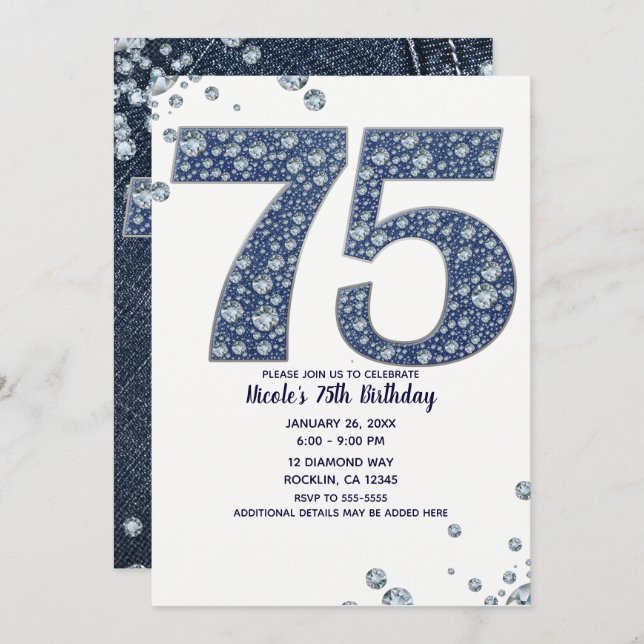 Denim & Diamonds Bling Sparkle 75. 75 Geburtstag Einladung (Vorne/Hinten)