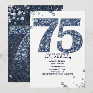 Denim & Diamonds Bling Sparkle 75. 75 Geburtstag Einladung