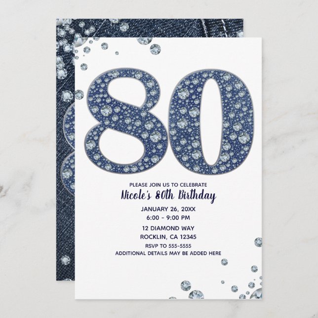 Denim & Diamonds Bling Sparkle 80TH 80 Geburtstag Einladung (Vorne/Hinten)