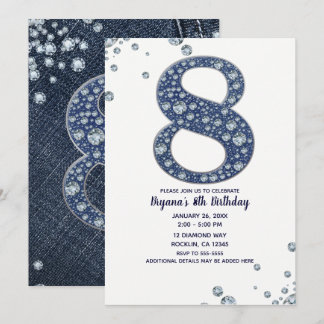 Denim & Diamonds Bling Sparkle 8. 8. Geburtstag Einladung
