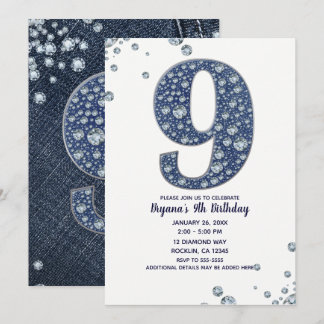 Denim & Diamonds Bling Sparkle 9. 9. Geburtstag Einladung