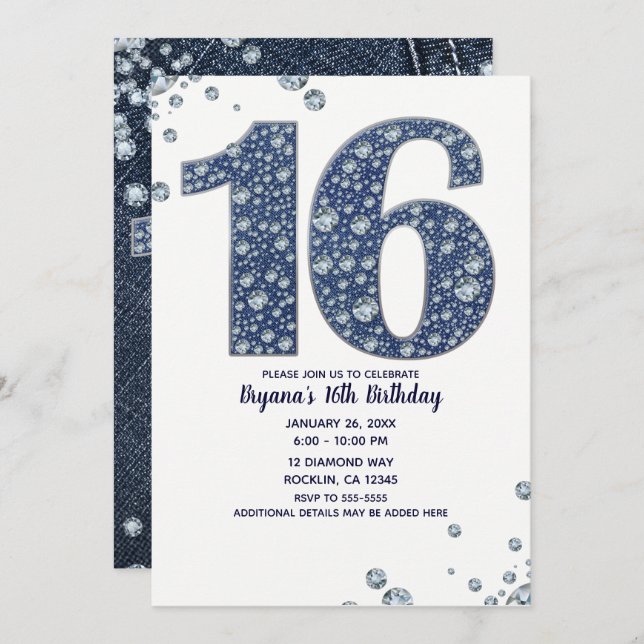Denim & Diamonds Bling Sparkle Sweet 16 Geburtstag Einladung (Vorne/Hinten)
