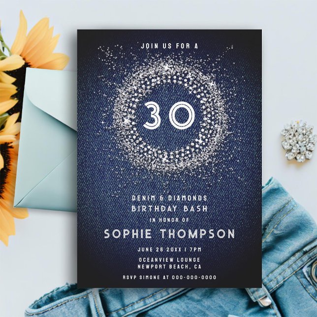 Denim Diamonds Bling Sternexplosion 30. Geburtstag Einladung (denim diamonds 30th birthday party invitation for women modern elegant glitter starburst simple)