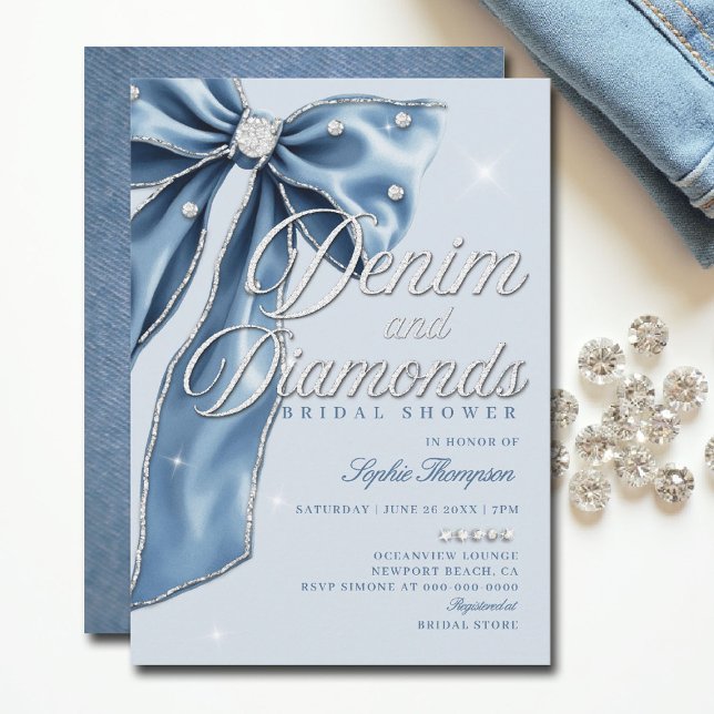 Denim Diamonds Blue Bow Script Chic Brautparty Einladung (denim and diamonds bridal shower ideas elegant bow classy bling script blue white template)