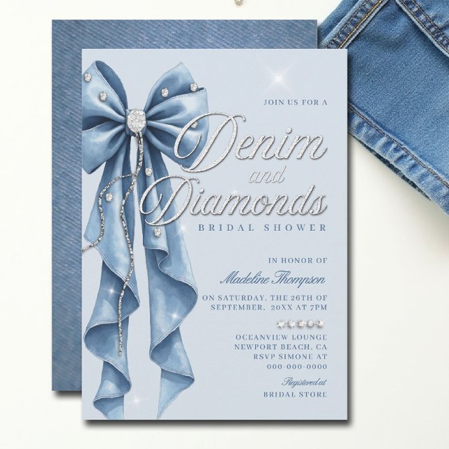 Denim Diamonds Blue Bow Script Glam Brautparty Einladung (denim and diamonds bridal shower ideas invitation elegant bow classy bling script blue white )