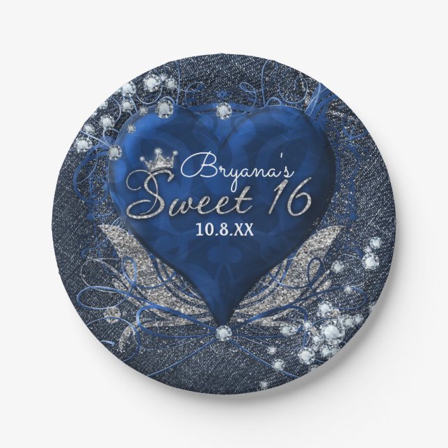 Denim & Diamonds Blue Heart Sweet 16 Party Pappteller (Vorderseite)