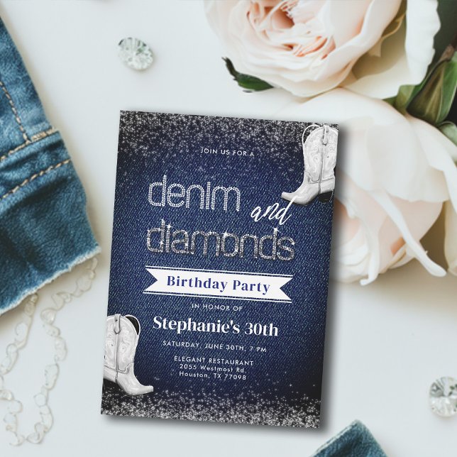 Denim Diamonds Blue White Boots Chic 30. Geburtsta Einladung (denim and diamonds birthday invitation cowgirl boots white blue elegant classy modern glitz bling)