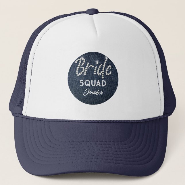 Denim Diamonds Bride Squad Navy Bachelorette Name Truckerkappe (Vorderseite)