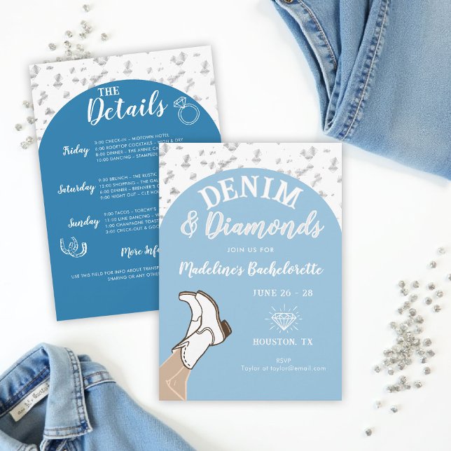Denim Diamonds Cowgirl Arch Bachelorette Itinerary Einladung (denim and diamonds bachelorette party invite arch confetti hand drawn itinerary cowgirl boots)