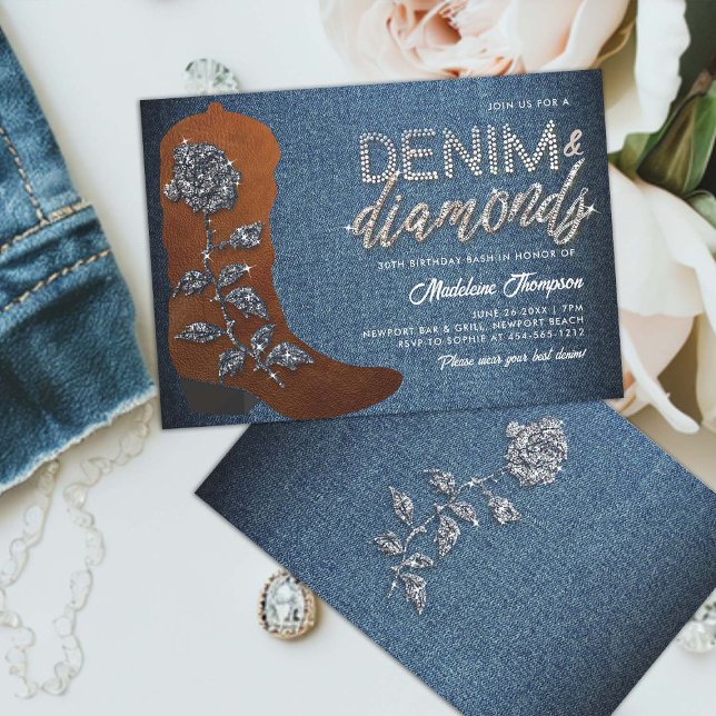 Denim Diamonds Cowgirl Boot Western 30. Geburtstag Einladung (denim and diamonds theme 30th birthday invitation women country cowgirl boot western blue jeans chic)