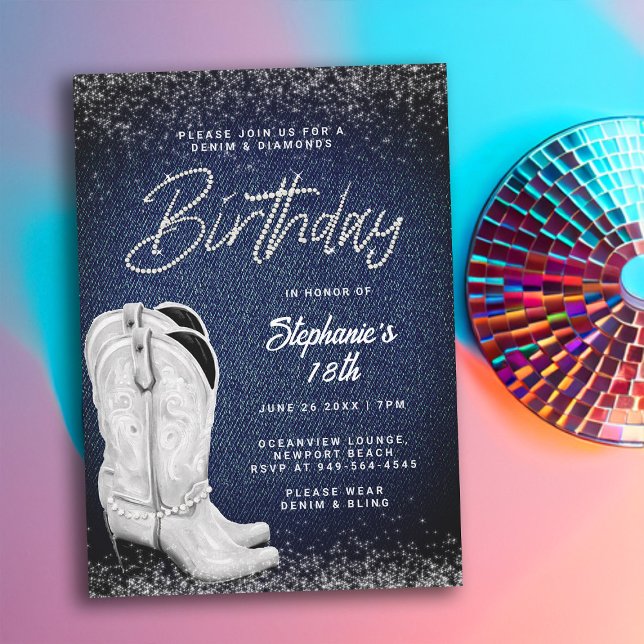 Denim Diamonds Cowgirl Boots Bling 18. Geburtstag Einladung (denim and diamonds 18th birthday invitation women cowgirl boots country western party elegant classy)