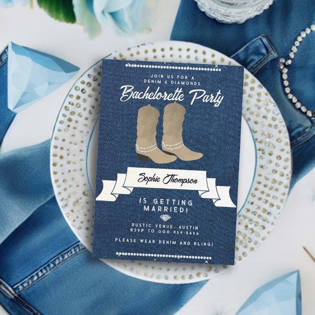 Denim Diamonds Cowgirl Boots Rustic Bachelorette Einladung (denim diamonds bachelorette party invitation white cowgirl boots country western rustic classy bling)