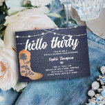 Denim Diamonds Cowgirl Boots Skript 30. Geburtstag Einladung<br><div class="desc">Eine rustikale, moderne, elegante und schicke Geburtstagsfeier zum Thema Denim und Diamanten. Es verfügt über einen Denim-Hintergrund, ein Paar Cowgirl-Stiefel mit einer Rose Details in den Rhinestones (das ist ein digitaler Effekt), und Land Western Typografie in Weiß, mit Skriptkalligraphie für den Titel und den Namen. Ein schicker "Denim and Diamonds"...</div>