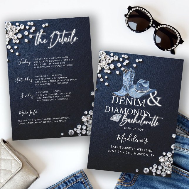 Denim Diamonds Cowgirl Chic Bachelorette Itinerary Einladung (denim diamonds bachelorette party itinerary invitation cowgirl hat boots calligraphy modern classy)