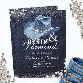 Denim Diamonds Cowgirl Hat Script 30. Geburtstag Einladung