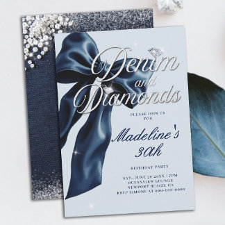 Denim Diamonds Dunkelblaue Schleife 30. Geburtstag Einladung