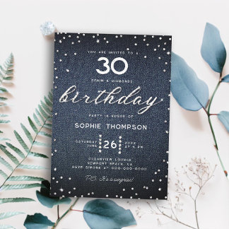 Denim Diamonds Elegant Bling 30. Geburtstag Party Einladung