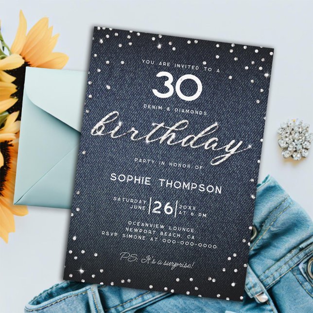 Denim Diamonds Elegant Classy 30. Geburtstag Party Einladung (denim diamonds 30th birthday party women elegant rustic boho rhinestones glitter chic modern classy)
