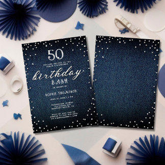 Denim Diamonds Elegant Rustic 50th Birthday Party Einladung