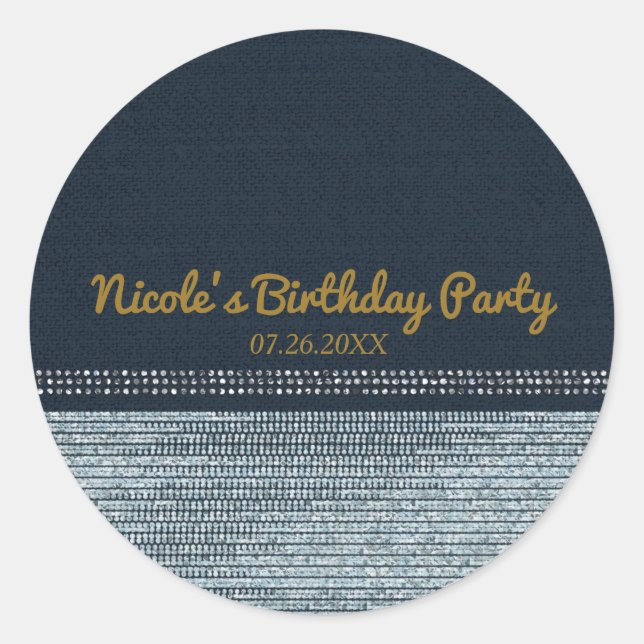 Denim & Diamonds Glam Bling Chic Elegante Gefallen Runder Aufkleber (Vorderseite)