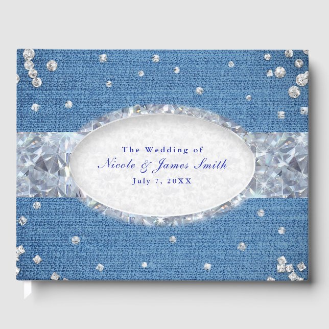 Denim & Diamonds Glam Scattered Bling Wedding Gästebuch (Vorderseite)