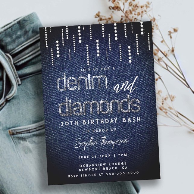 Denim Diamonds Glam Tropfen Classy Chic 30. Geburt Einladung (denim and diamonds 30th birthday invitation for women glitter drips elegant classy modern glam chic)