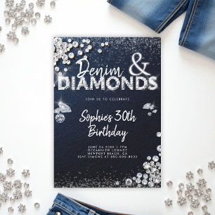 Denim Diamonds Glam Type Elegant 30. Geburtstag Einladung