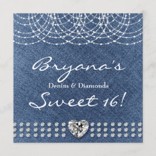Denim & Diamonds Glitz Herz Sweet 16 Party Einladung