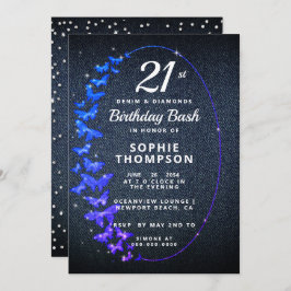 Denim Diamonds Glitzer Butterfly Birthday Party Einladung