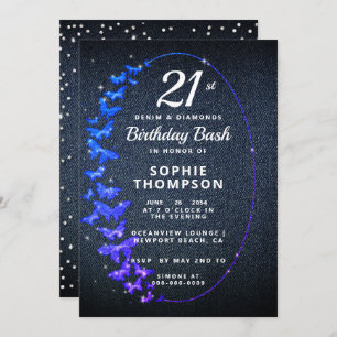 Denim Diamonds Glitzer Butterfly Birthday Party Einladung