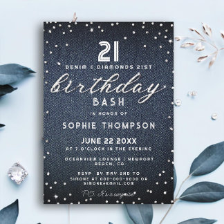 Denim Diamonds Glitzer Elegant 21. Geburtstag Part Einladung