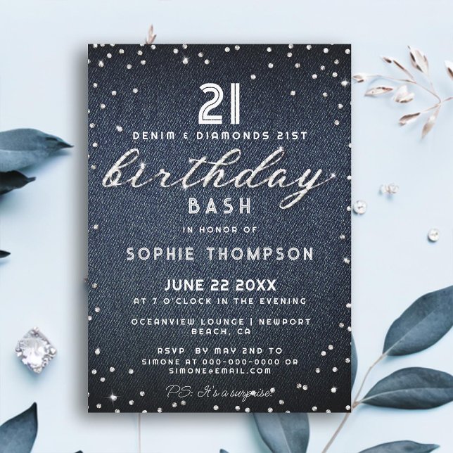 Denim Diamonds Glitzer Elegant 21. Geburtstag Part Einladung (denim diamonds 21st birthday party invitation modern elegant chic classy simple typography glam)