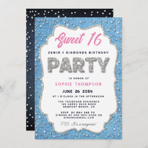Denim Diamonds Glitzer Rahmen Sweet 16 Party Pink Einladung