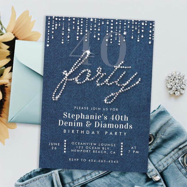 Denim Diamonds Glitzer Tropfen 40. Geburtstag Part Einladung (denim diamonds 40th birthday for women invitation glitter drips classy rhinestones calligraphy chic)