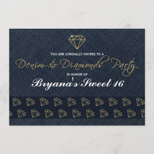 Denim & Diamonds Gold & Blue Glam-Party-Einladung Einladung