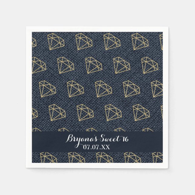 Denim & Diamonds Gold & Blue Glam Party Serviette (Vorderseite)