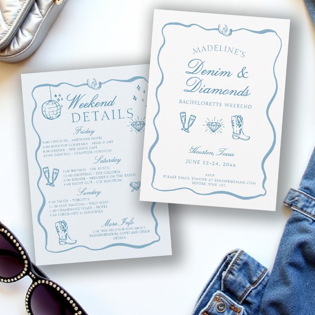 Denim Diamonds Hand Schreiben Bachelorette Weekend Einladung (denim diamonds bachelorette itinerary invitation hand written drawn cowgirl frame bow blue white)