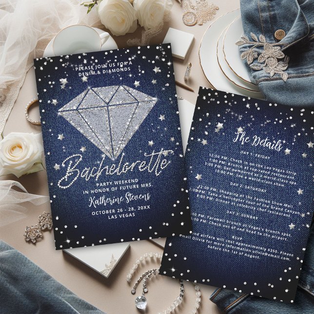 Denim Diamonds Itinerary Bling Junggeselinnen-Absc Einladung (denim diamonds bachelorette party itinerary invitation classy stylish white blue jeans elegant chic)